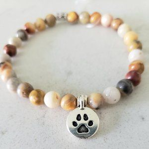 Beaded Agate Stretch Bracelet with Silver Paw Charm